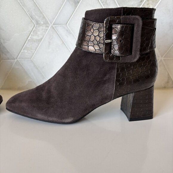 Ron White 38/7.5 Ankle Boot Zipper Block Heel Linzi Brown Croc Cashmere Suede - Picture 6 of 11